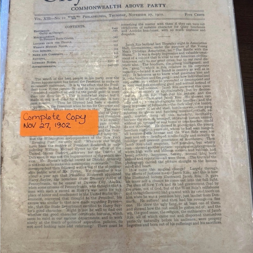 Antique/Vintage Rare Philadelphia Newspaper 1902, Discusses “Gangs” Jacob Riis